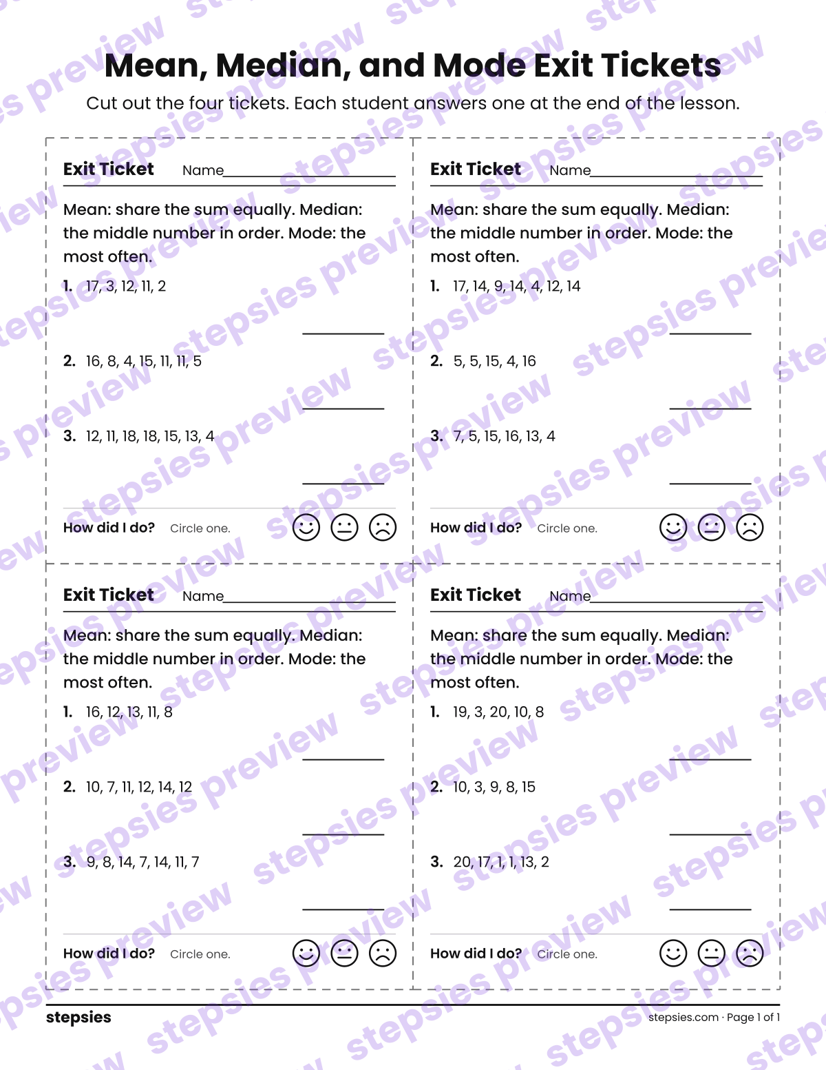 Mean, Median, and Mode Exit Tickets: page 1 of a printable Grade 4 Math worksheet
