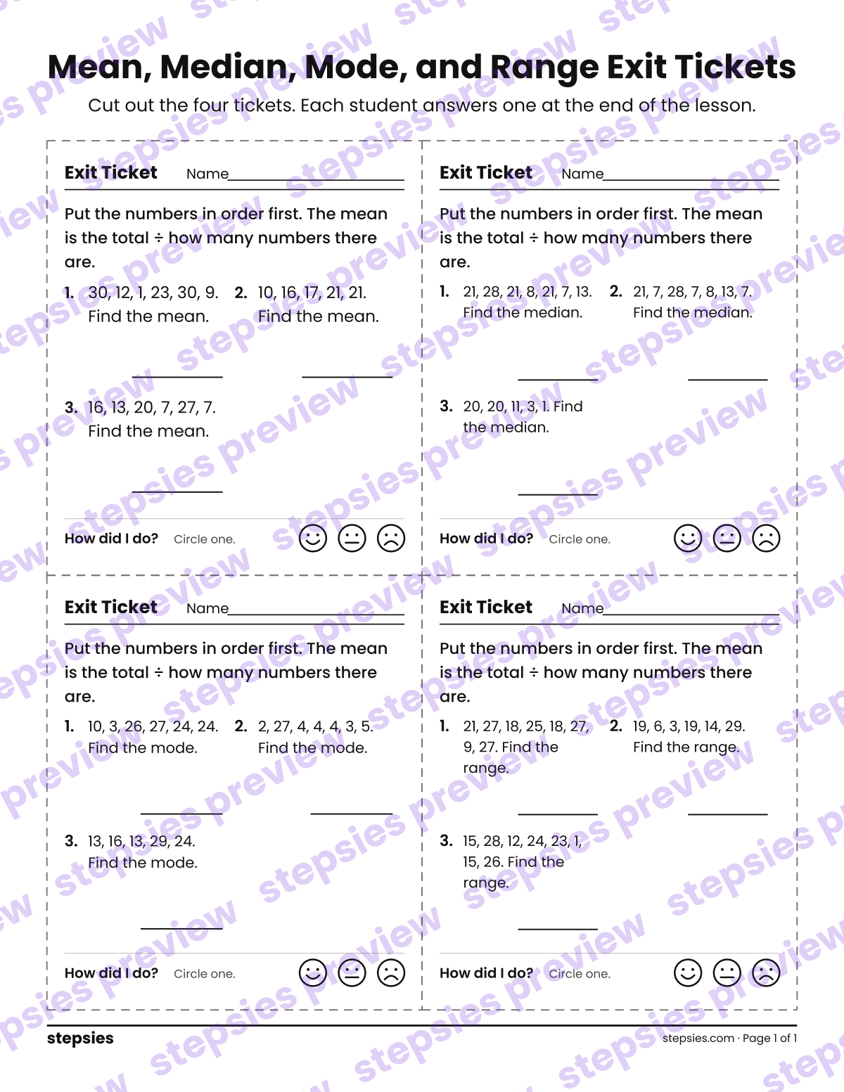 Mean, Median, Mode, and Range Exit Tickets: page 1 of a printable Grade 6 Math worksheet