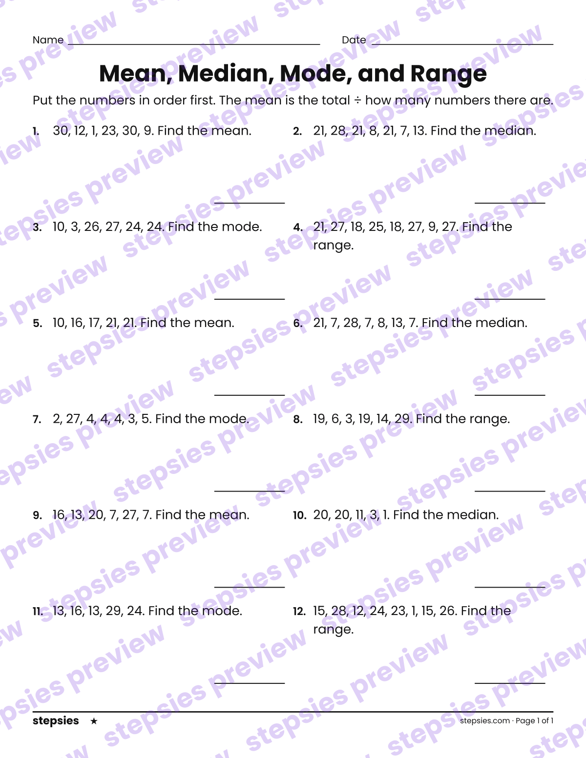 Mean, Median, Mode, and Range: page 1 of a printable Grade 6 Math worksheet