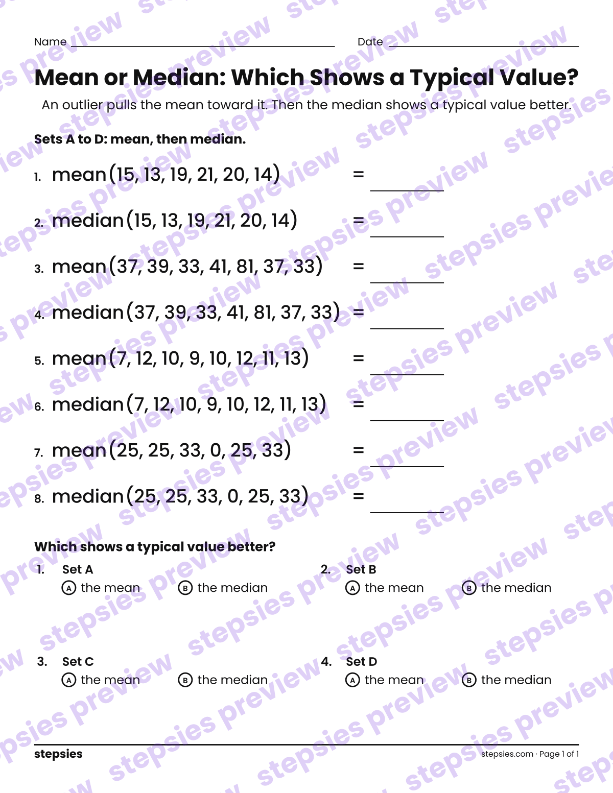 Mean or Median: Which Shows a Typical Value?: page 1 of a printable Grade 6 Math worksheet