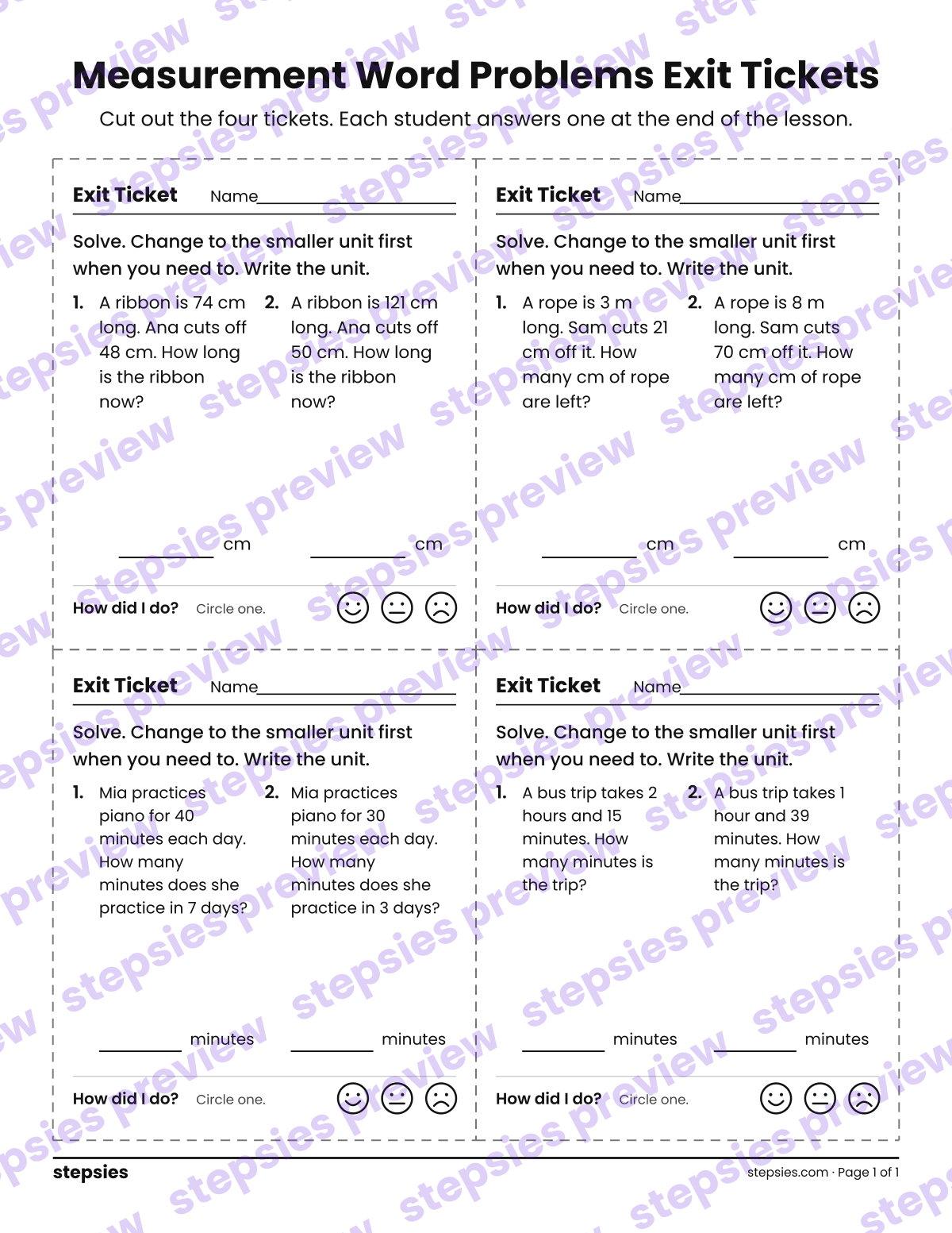 Measurement Word Problems Exit Tickets: page 1 of a printable Grade 4 Math worksheet