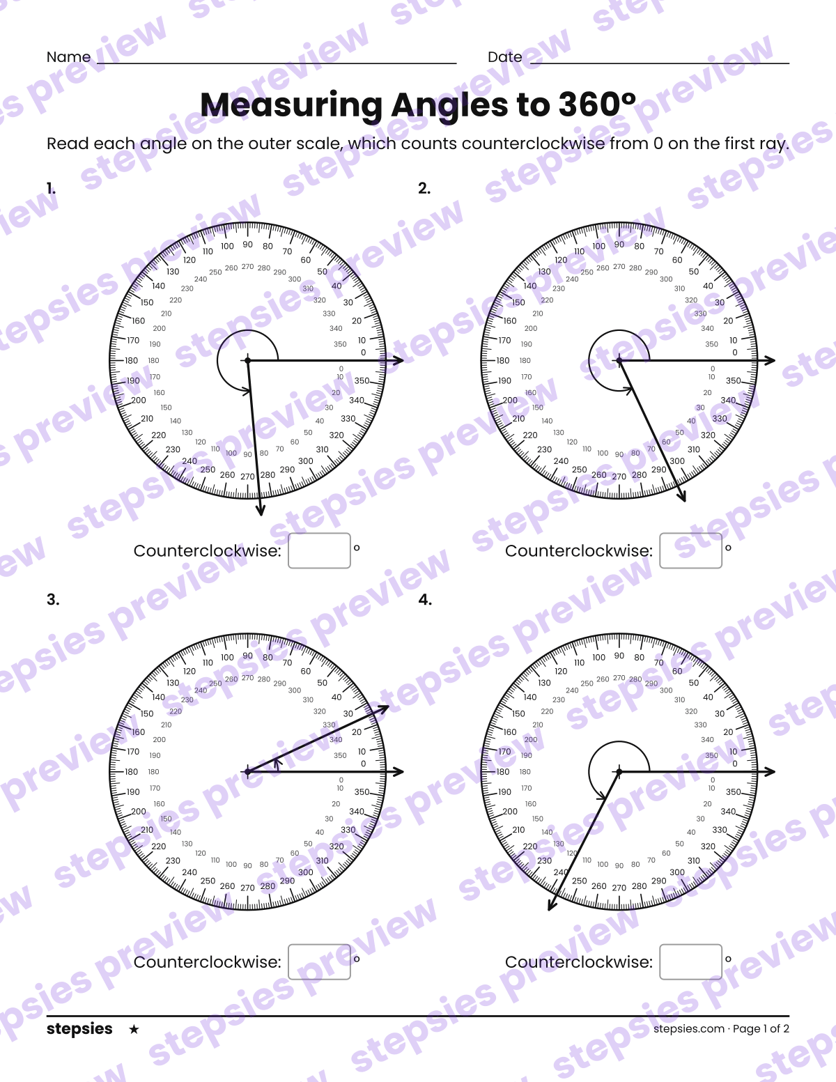 Measuring Angles to 360°: page 1 of a printable Grade 6 Math worksheet