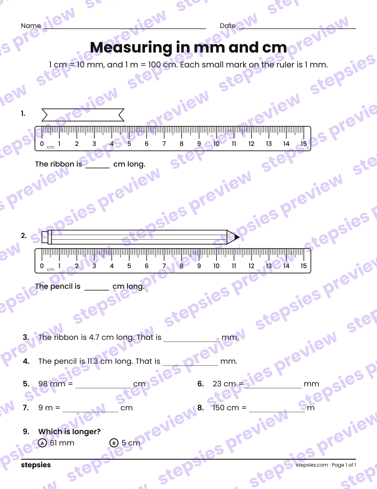 Measuring in mm and cm: page 1 of a printable Grade 4 Math worksheet