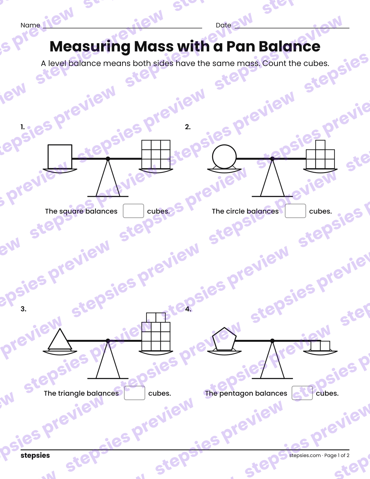Measuring Mass with a Pan Balance: page 1 of a printable Grade 3 Math worksheet