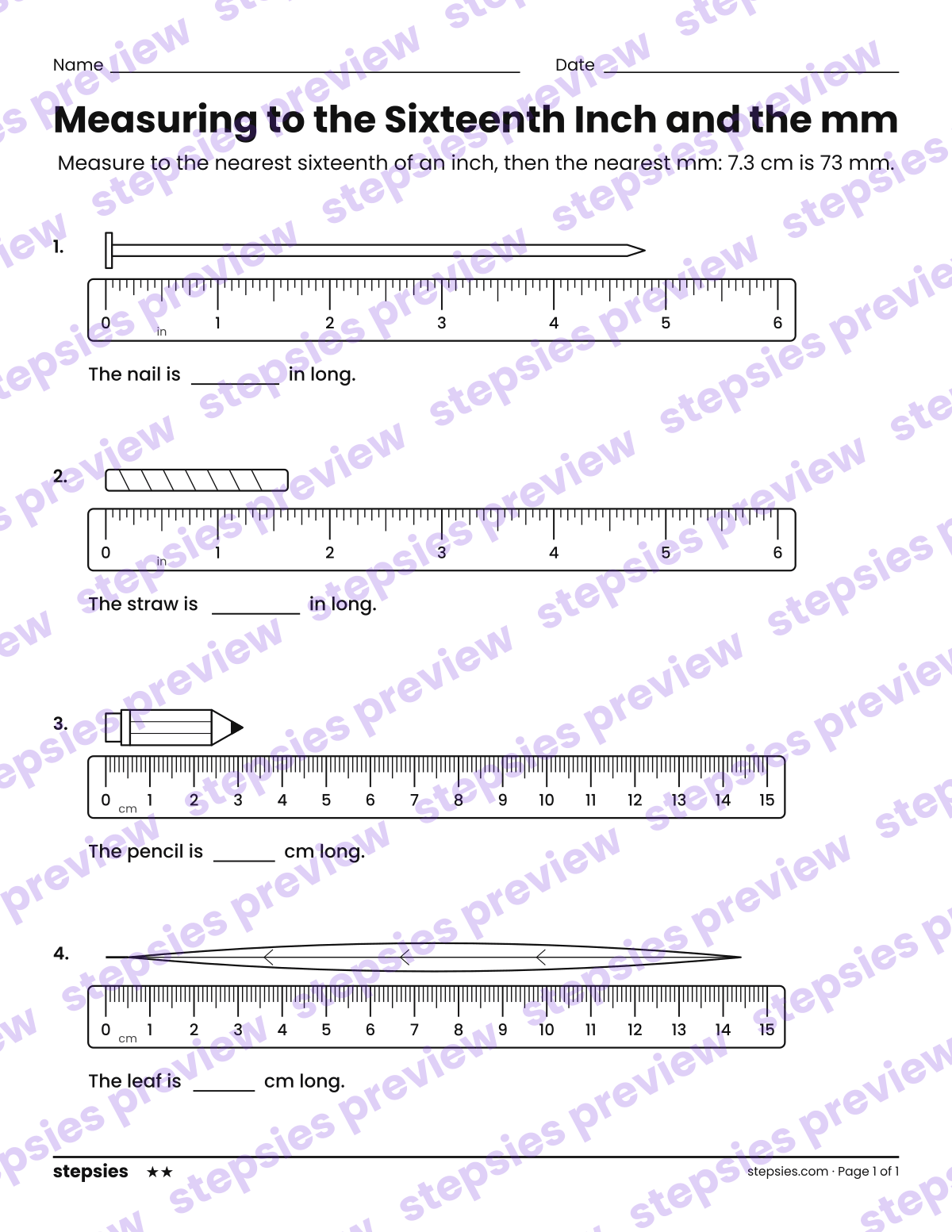 Measuring to the Sixteenth Inch and the mm: page 1 of a printable Grade 5 Math worksheet