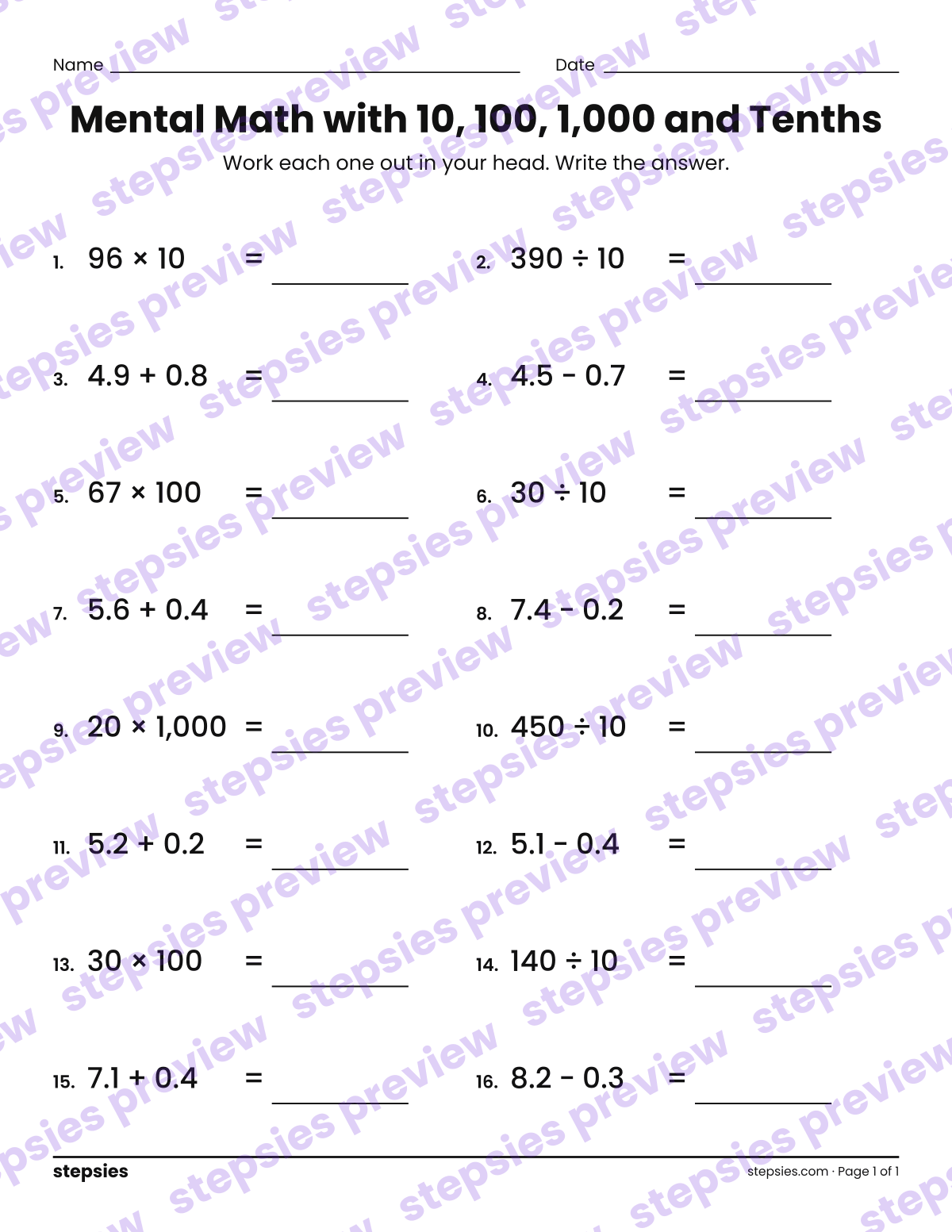 Mental Math with 10, 100, 1,000 and Tenths: page 1 of a printable Grade 4 Math worksheet
