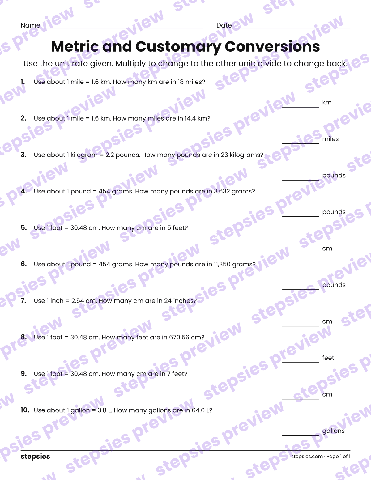 Metric and Customary Conversions: page 1 of a printable Grade 7 Math worksheet