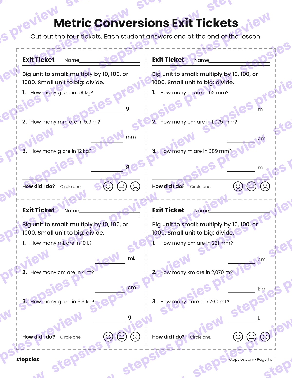 Metric Conversions Exit Tickets: page 1 of a printable Grade 6 Math worksheet
