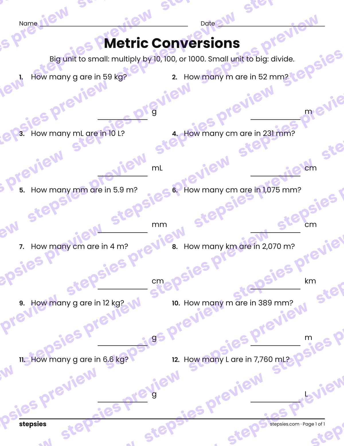 Metric Conversions: page 1 of a printable Grade 6 Math worksheet