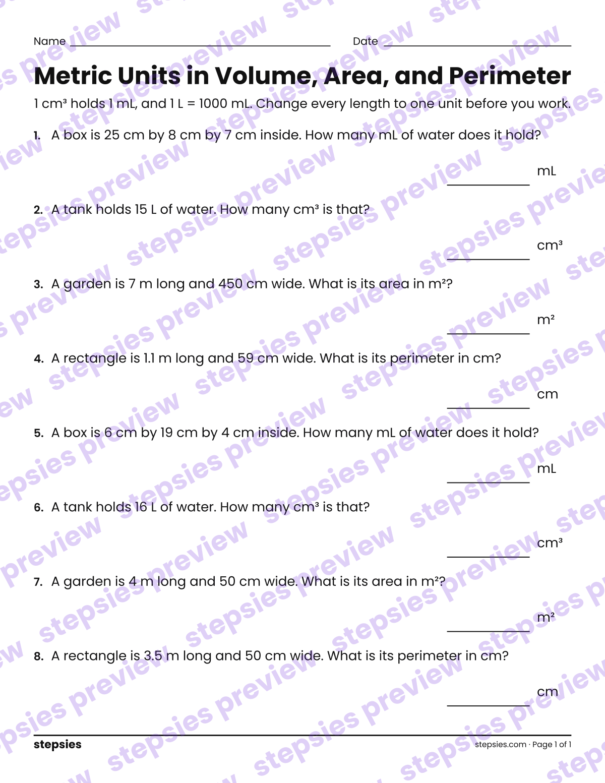 Metric Units in Volume, Area, and Perimeter: page 1 of a printable Grade 7 Math worksheet