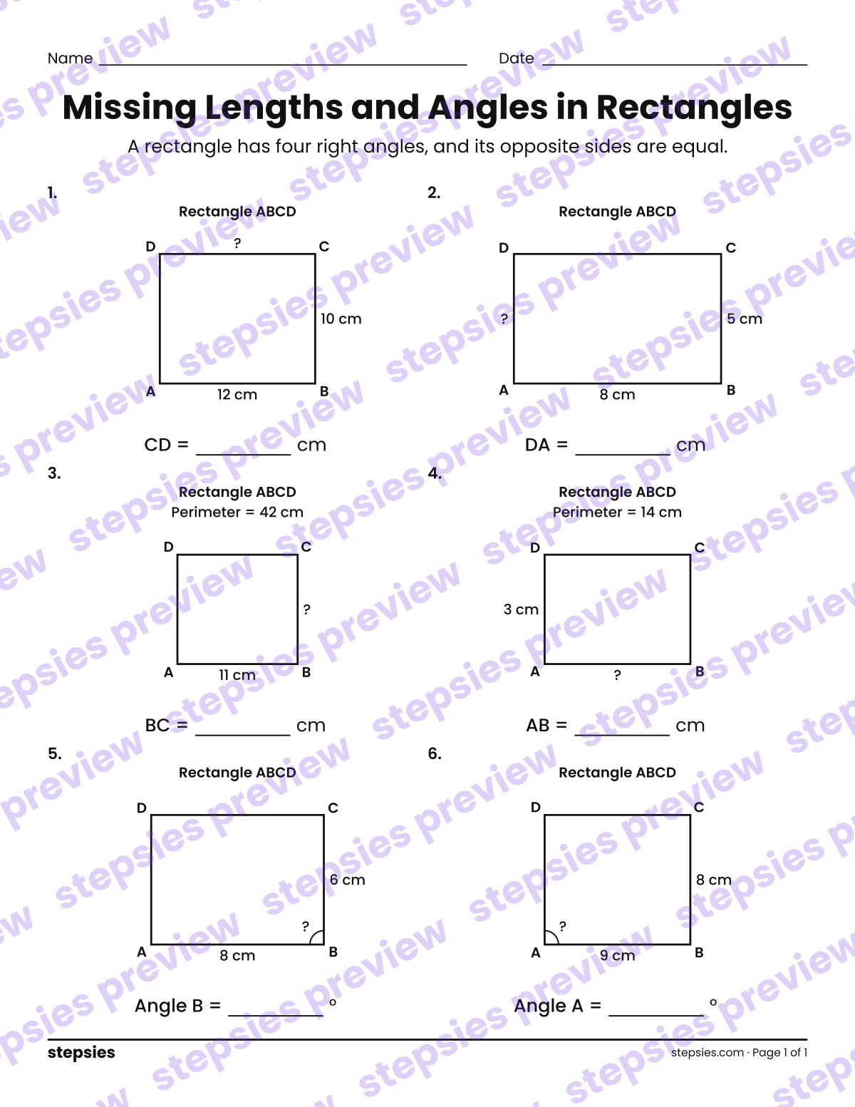 Missing Lengths and Angles in Rectangles: page 1 of a printable Grade 5 Math worksheet