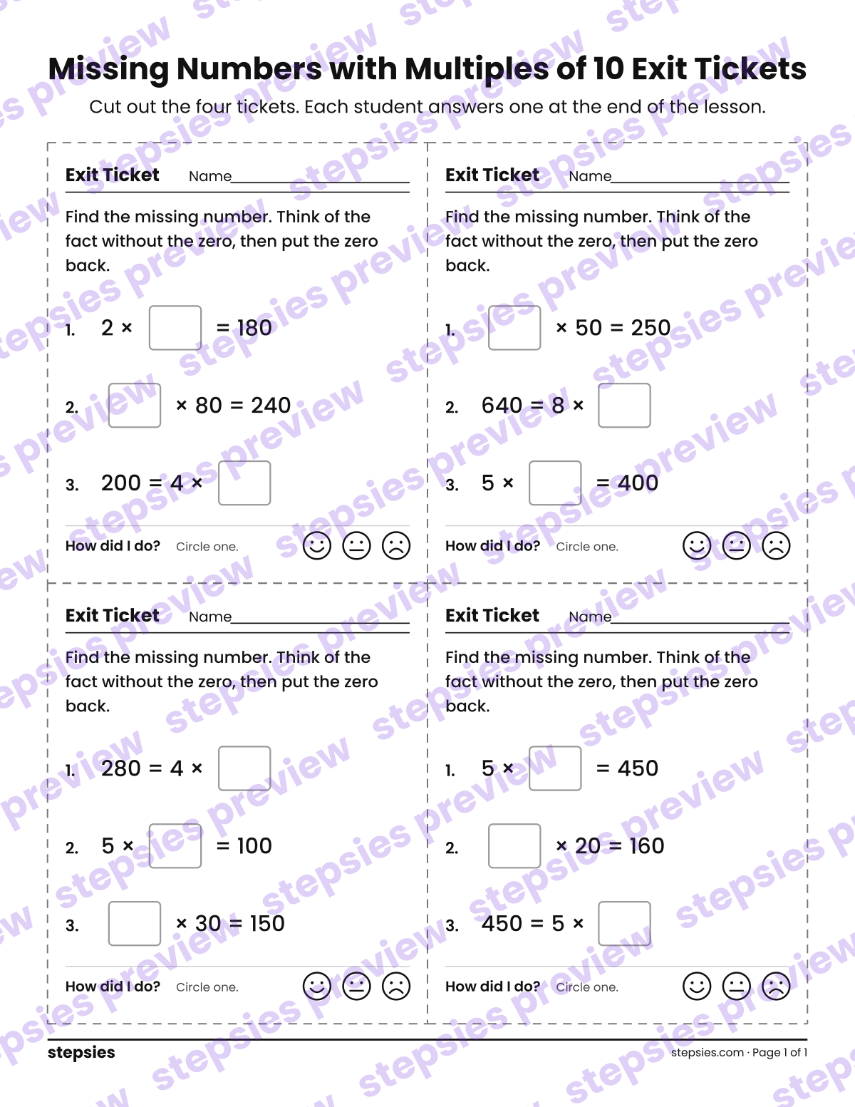 Missing Numbers with Multiples of 10 Exit Tickets: page 1 of a printable Grade 3 Math worksheet