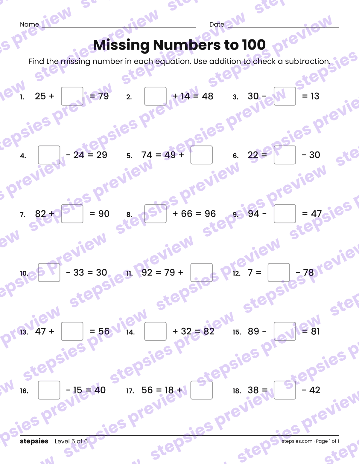 Missing Numbers to 100: page 1 of a printable Grade 2 Math worksheet