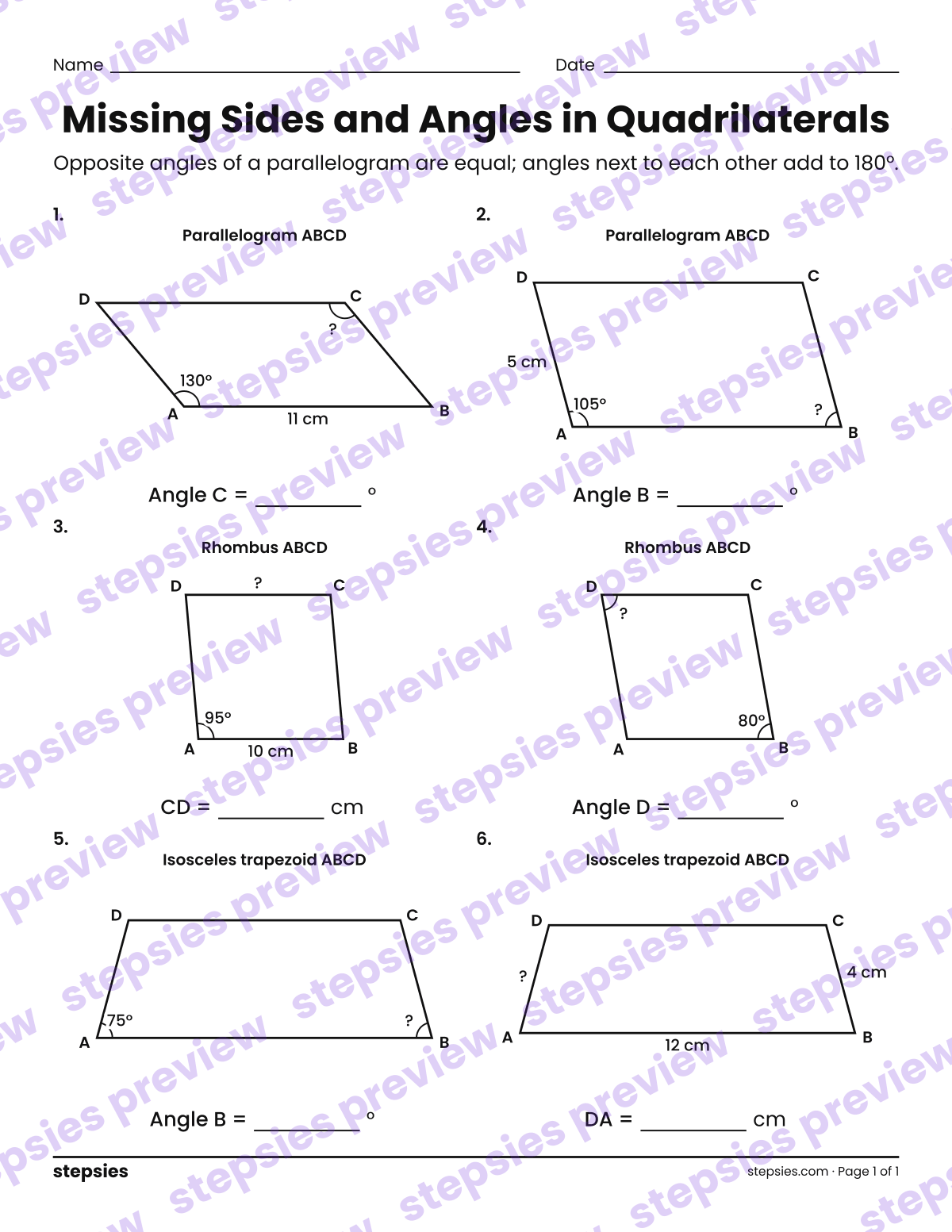 Missing Sides and Angles in Quadrilaterals: page 1 of a printable Grades 7 and 8 Math worksheet