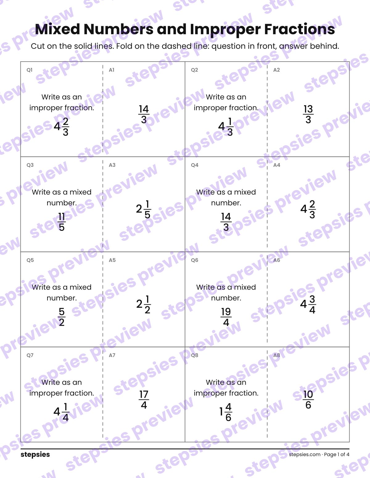 Mixed Numbers and Improper Fractions: Quiz-Quiz-Trade Cards: page 1 of a printable Grade 4 Math worksheet