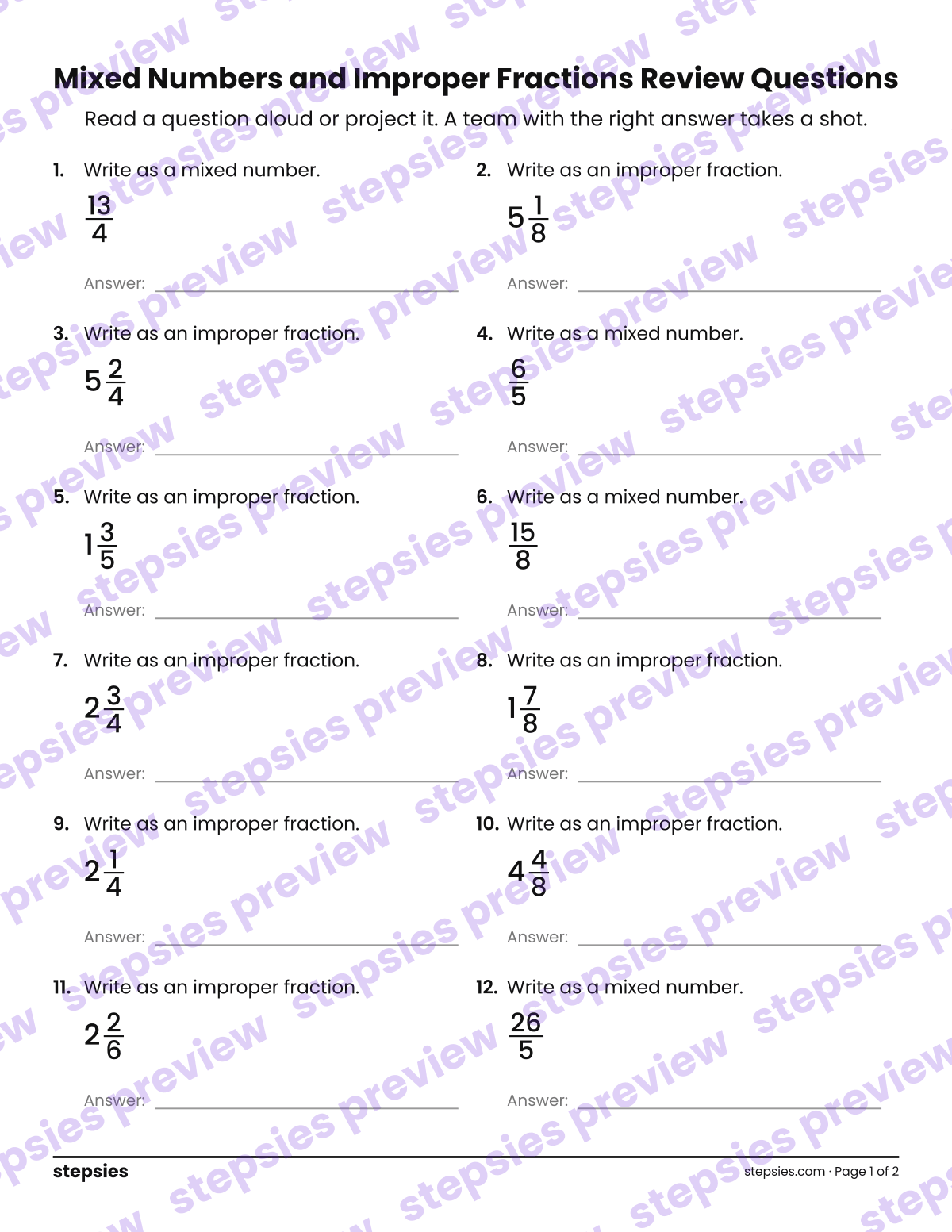 Mixed Numbers and Improper Fractions: Trashketball Review Questions: page 1 of a printable Grade 4 Math worksheet