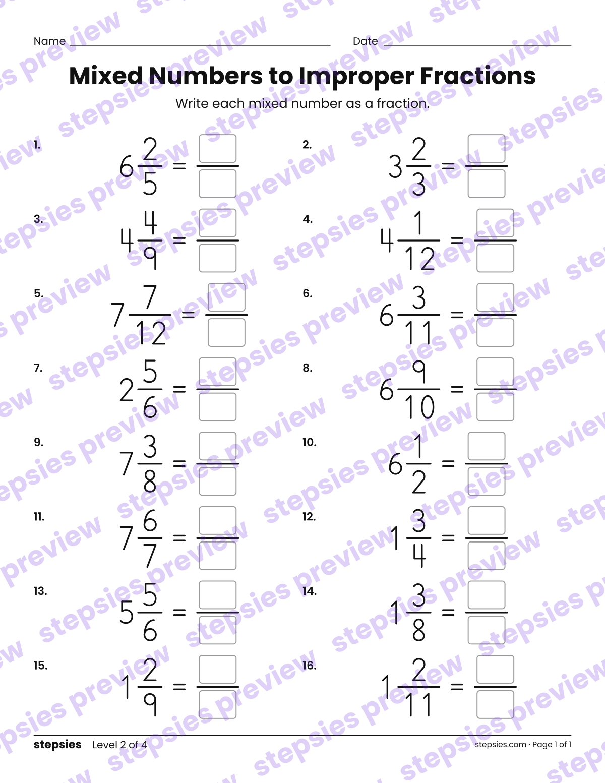 Mixed Numbers to Improper Fractions: page 1 of a printable Grades 4 and 5 Math worksheet