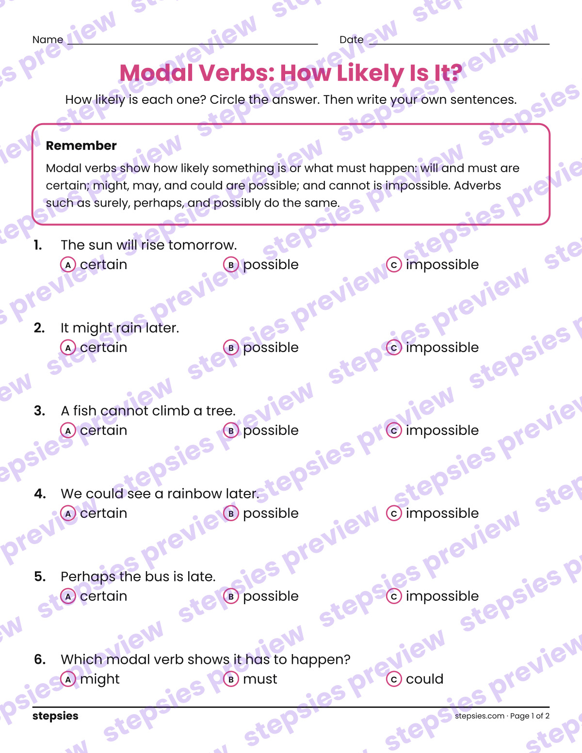 Modal Verbs: How Likely Is It?: page 1 of a printable Grades 4 and 5 Language worksheet