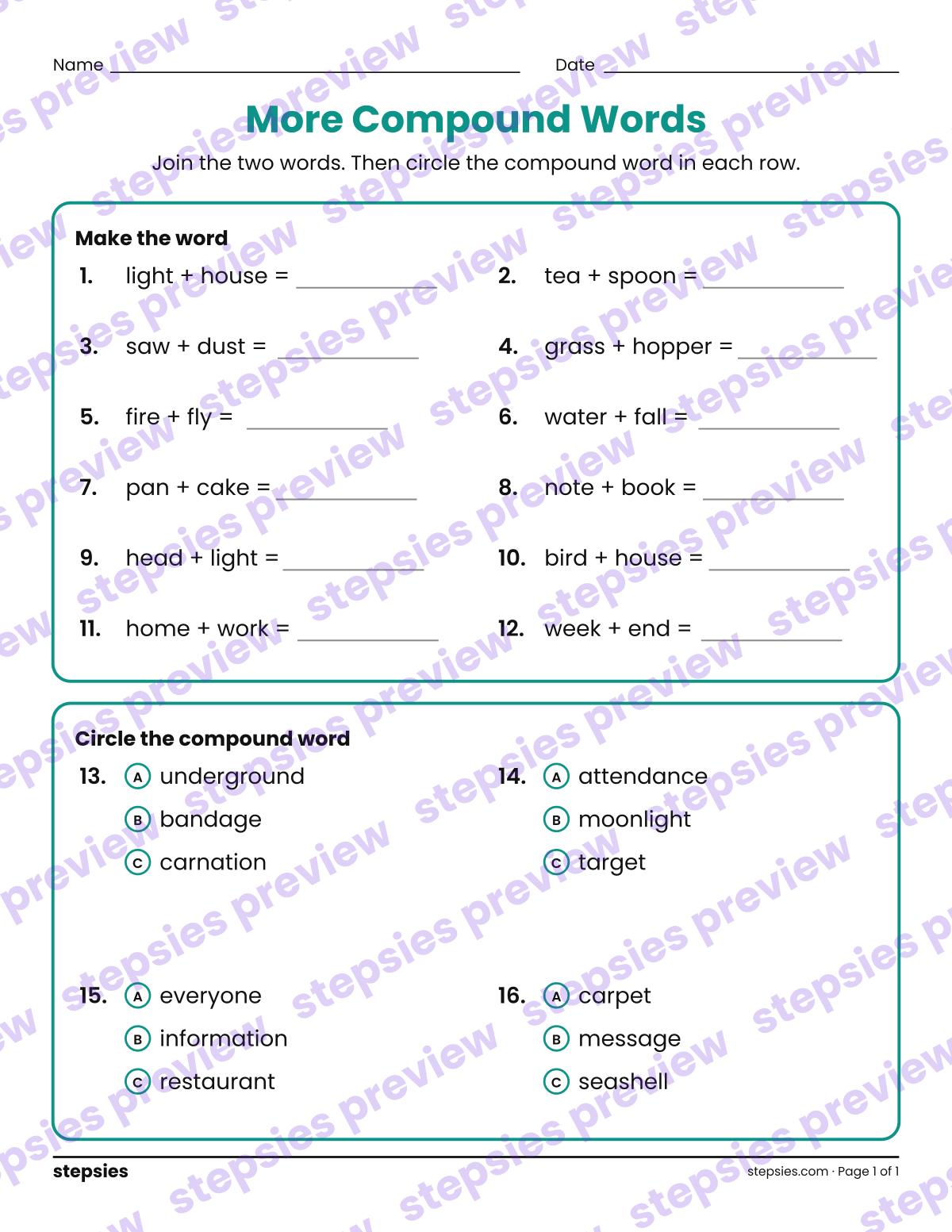 More Compound Words: page 1 of a printable Grade 2 Language worksheet