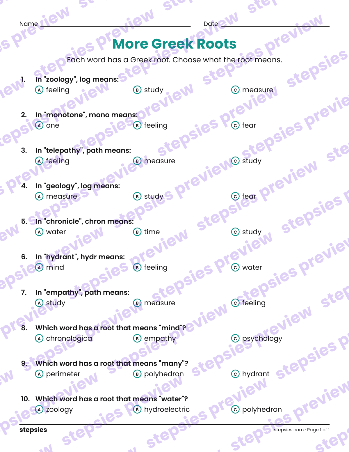 More Greek Roots: page 1 of a printable Grades 7 and 8 Language worksheet