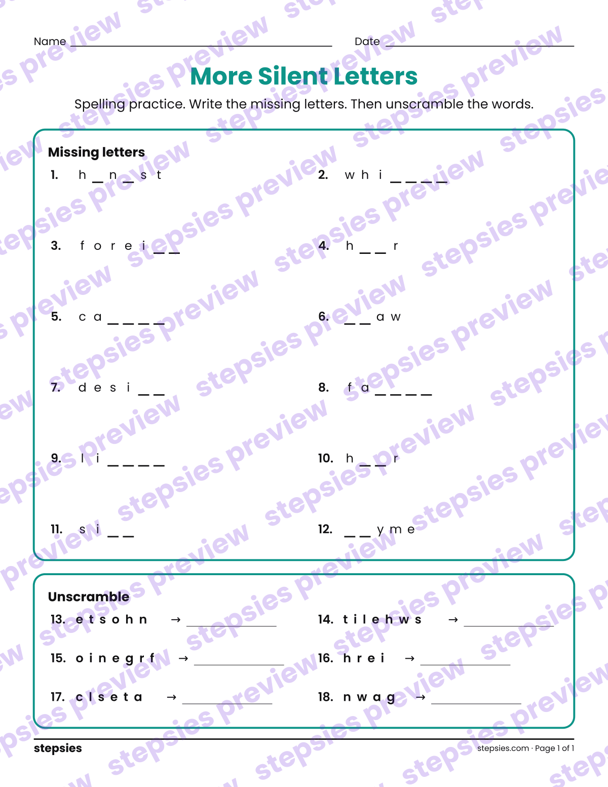 More Silent Letters: Spelling Practice: page 1 of a printable Grade 5 Language worksheet