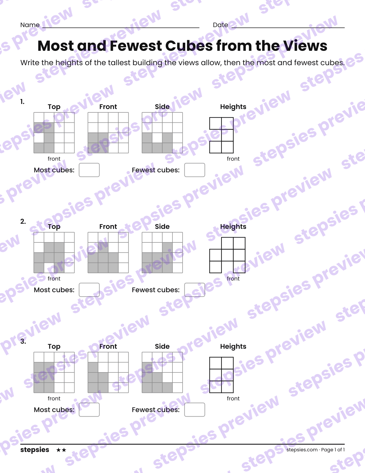 Most and Fewest Cubes from the Views: page 1 of a printable Grades 6–8 Math worksheet
