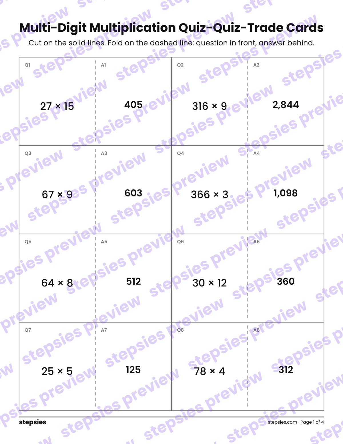 Multi-Digit Multiplication: Quiz-Quiz-Trade Cards: page 1 of a printable Grade 4 Math worksheet