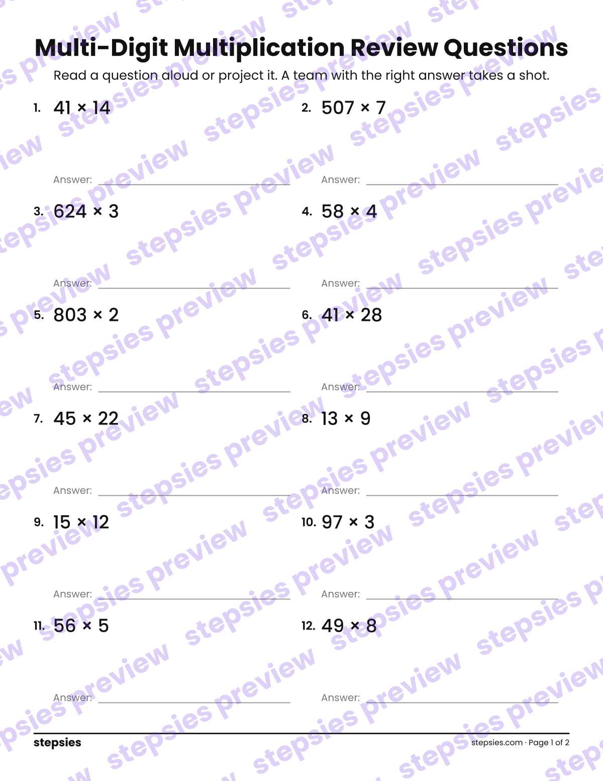 Multi-Digit Multiplication: Trashketball Review Questions: page 1 of a printable Grade 4 Math worksheet