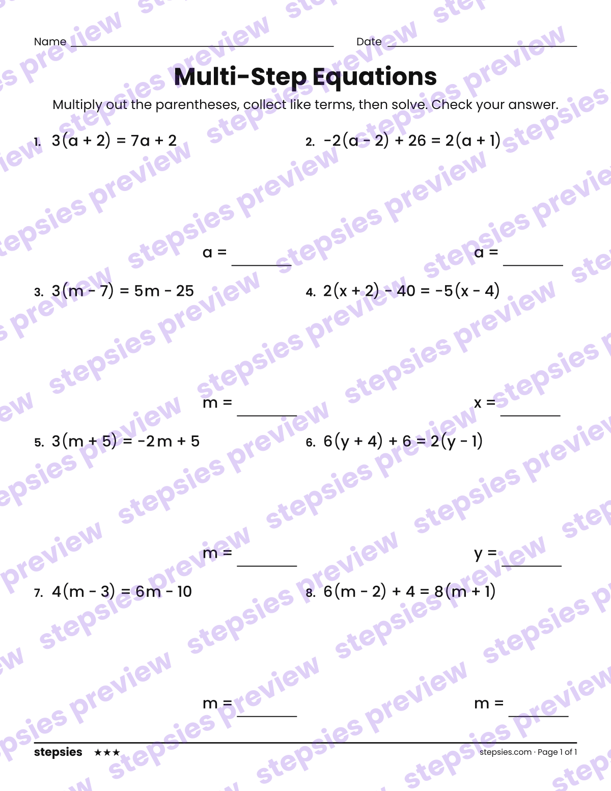 Multi-Step Equations: page 1 of a printable Grade 8 Math worksheet