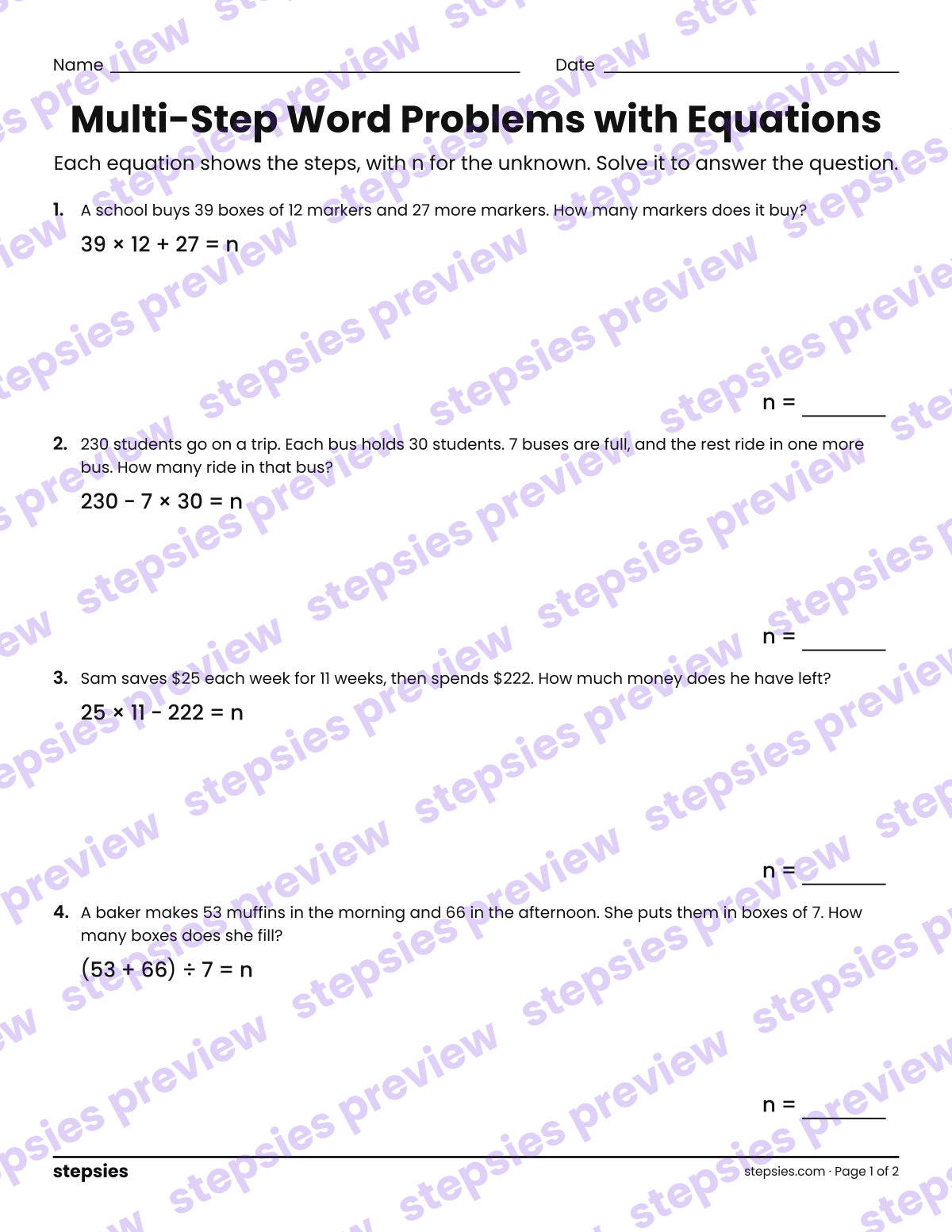 Multi-Step Word Problems with Equations: page 1 of a printable Grade 5 Math worksheet
