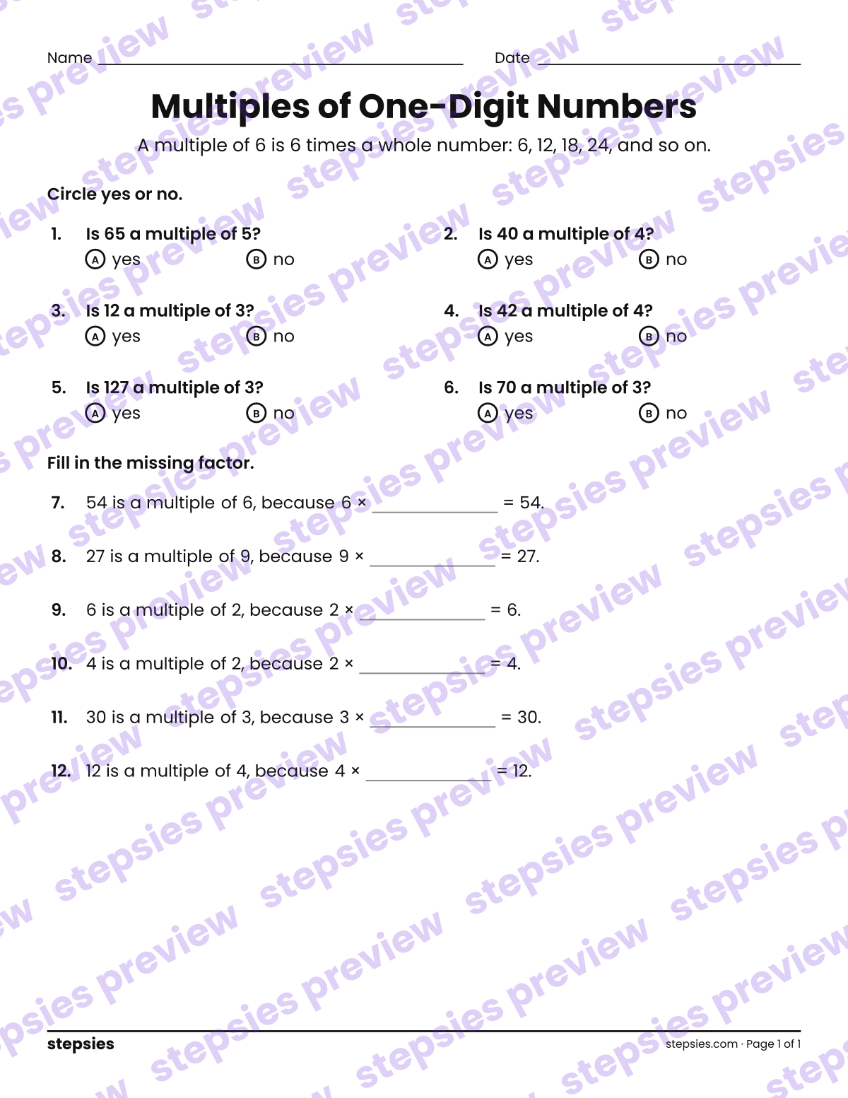 Multiples of One-Digit Numbers: page 1 of a printable Grade 3 Math worksheet