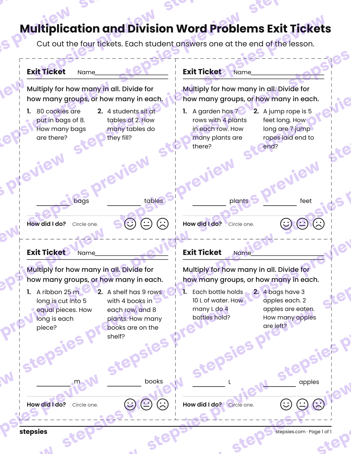 Multiplication and Division Word Problems Exit Tickets: page 1 of a printable Grade 3 Math worksheet