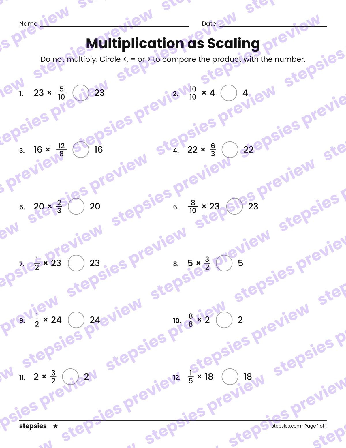 Multiplication as Scaling: page 1 of a printable Grade 5 Math worksheet
