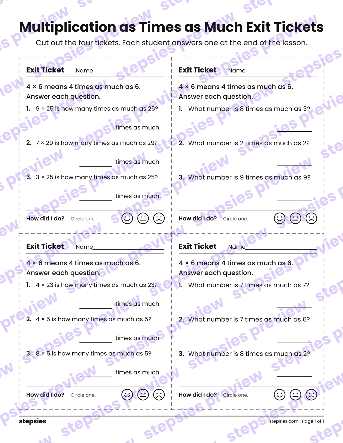 Multiplication as Times as Much Exit Tickets: page 1 of a printable Grade 3 Math worksheet