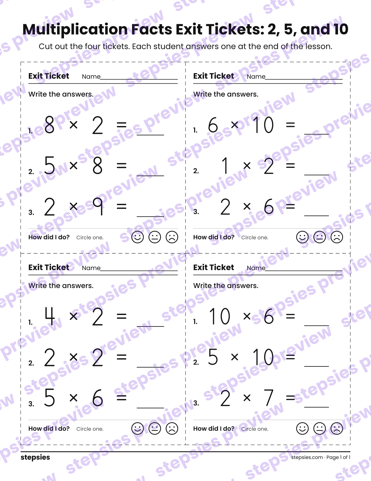 Multiplication Facts Exit Tickets: 2, 5, and 10: page 1 of a printable Grade 3 Math worksheet