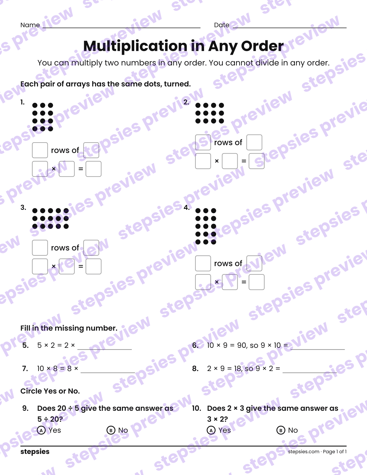 Multiplication in Any Order: page 1 of a printable Grades 1 and 2 Math worksheet
