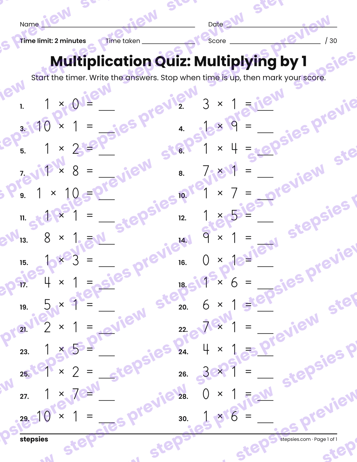 Multiplication Quiz: Multiplying by 1: page 1 of a printable Grades 3 and 4 Math worksheet