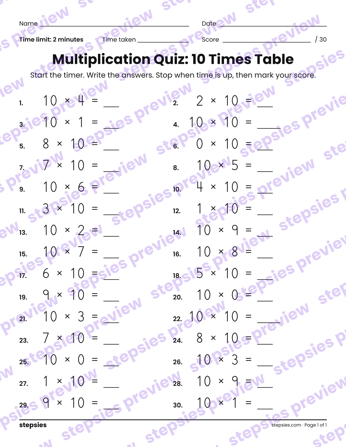 Multiplication Quiz: 10 Times Table: page 1 of a printable Grade 3 Math worksheet