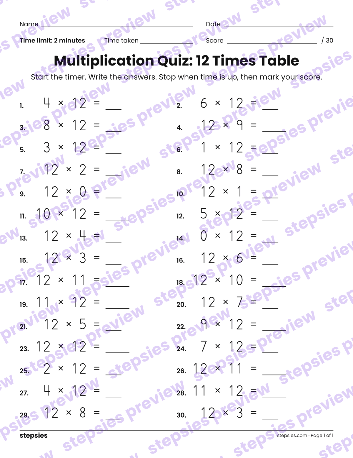 Multiplication Quiz: 12 Times Table: page 1 of a printable Grades 4 and 5 Math worksheet