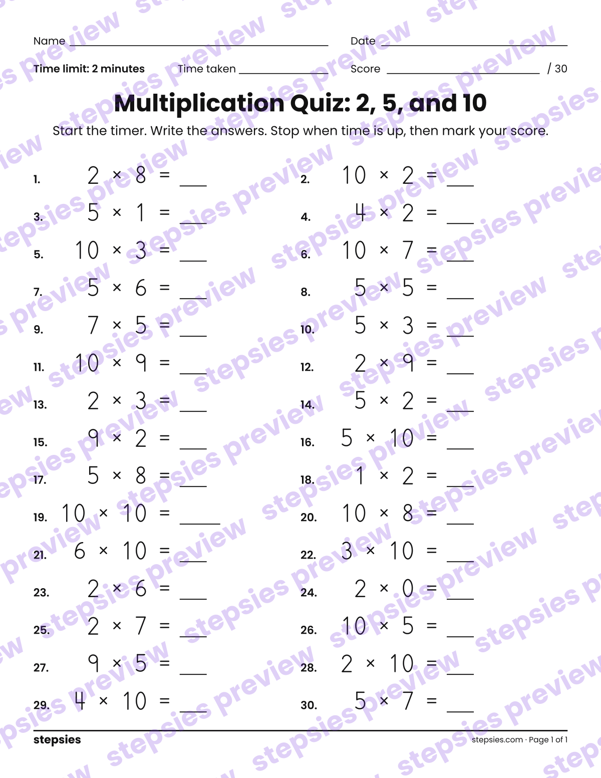 Multiplication Quiz: 2, 5, and 10: page 1 of a printable Grade 3 Math worksheet