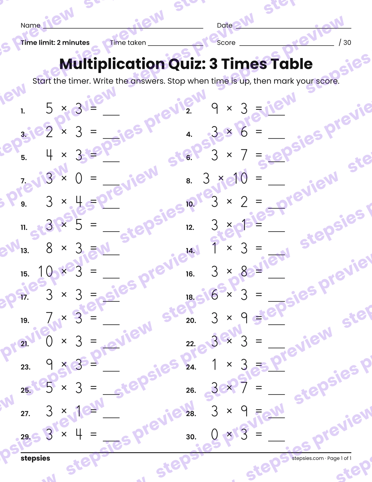 Multiplication Quiz: 3 Times Table: page 1 of a printable Grades 3 and 4 Math worksheet