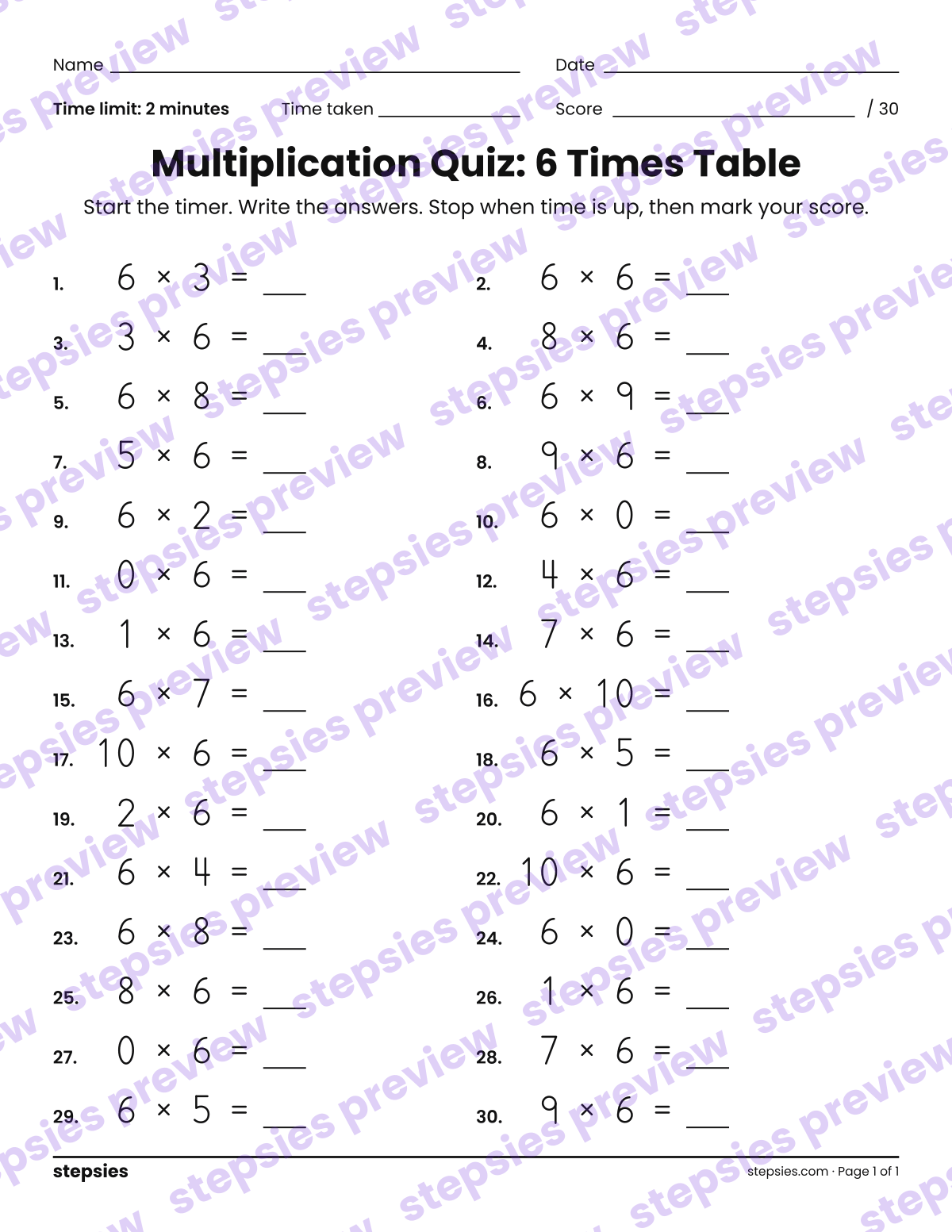 Multiplication Quiz: 6 Times Table: page 1 of a printable Grades 3 and 4 Math worksheet