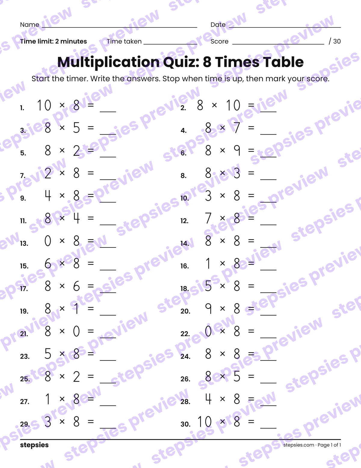 Multiplication Quiz: 8 Times Table: page 1 of a printable Grades 3 and 4 Math worksheet