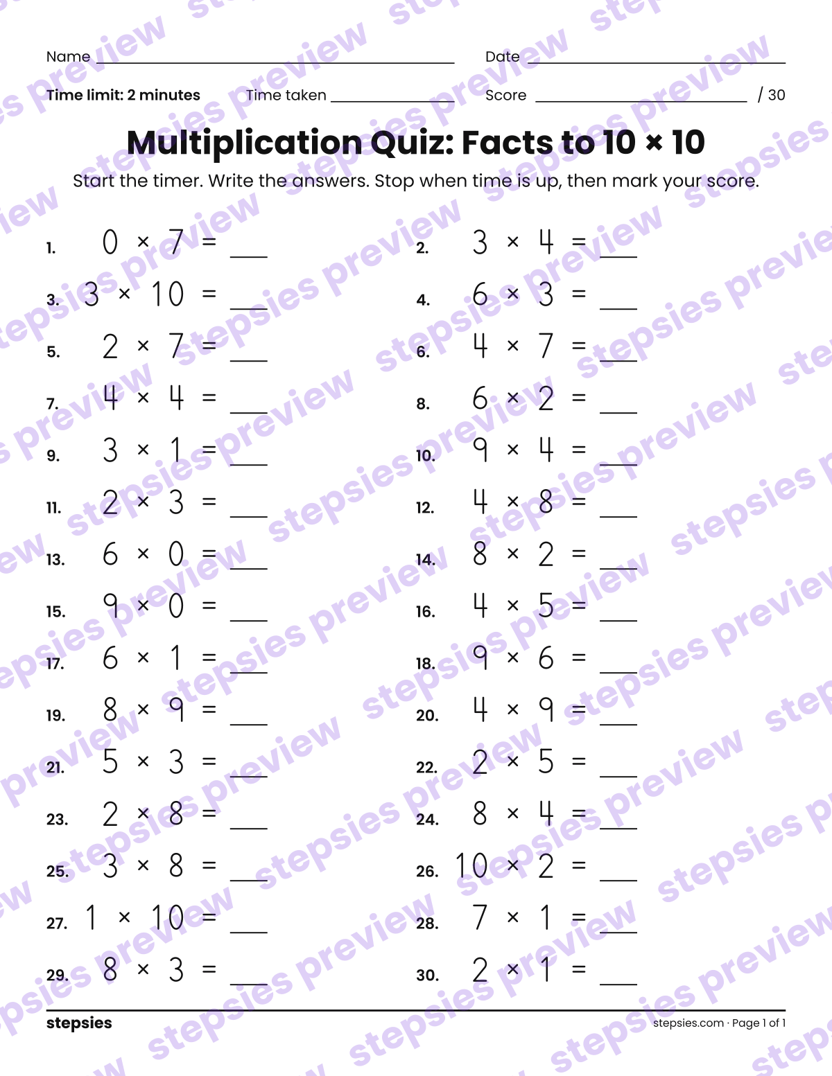 Multiplication Quiz: Facts to 10 × 10: page 1 of a printable Grades 3 and 4 Math worksheet