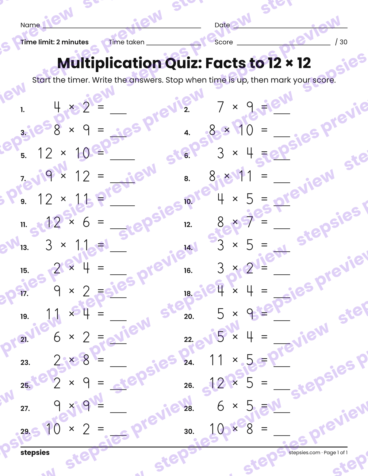 Multiplication Quiz: Facts to 12 × 12: page 1 of a printable Grades 4 and 5 Math worksheet