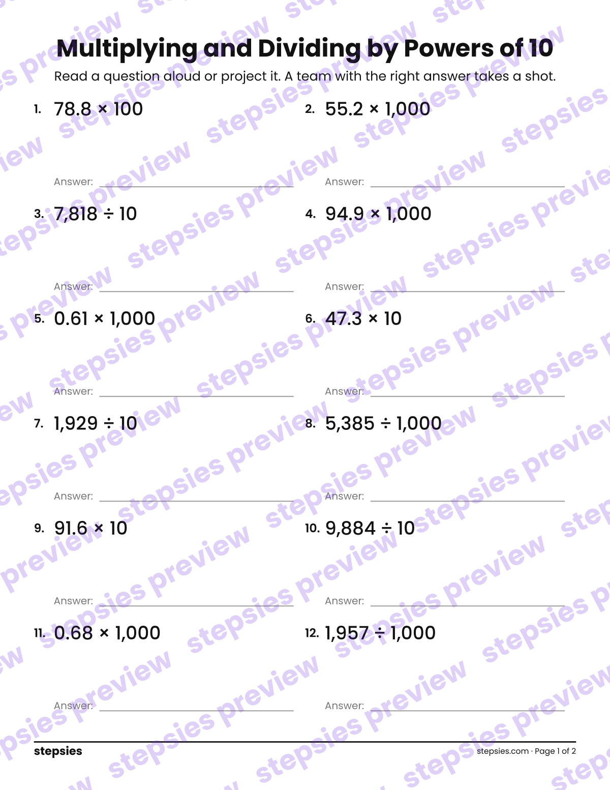 Multiplying and Dividing by Powers of 10: Trashketball Review Questions: page 1 of a printable Grade 5 Math worksheet