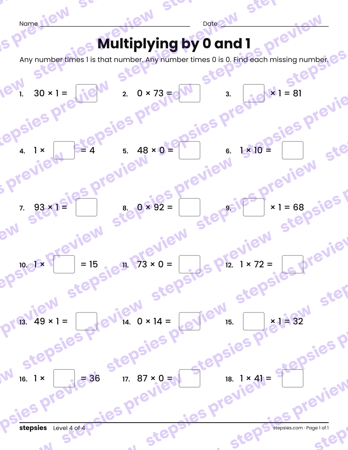Multiplying by 0 and 1: page 1 of a printable Grade 3 Math worksheet