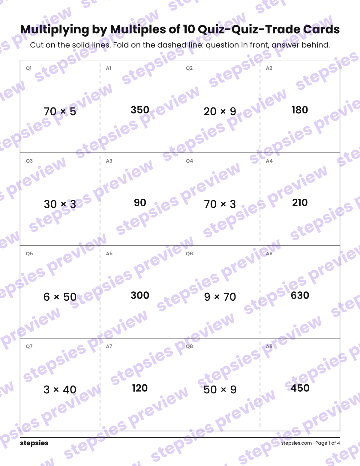 Multiplying by Multiples of 10: Quiz-Quiz-Trade Cards: page 1 of a printable Grade 3 Math worksheet
