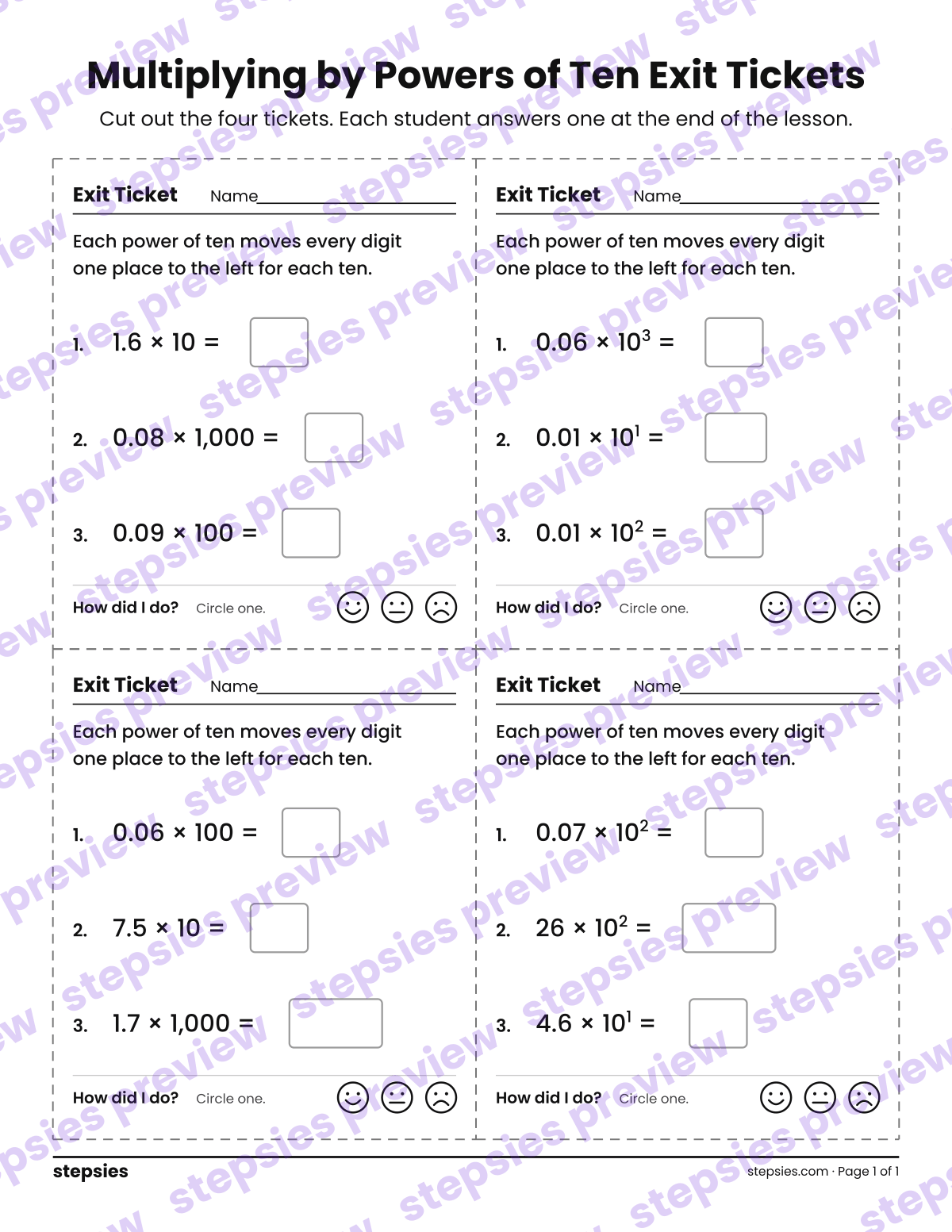 Multiplying by Powers of Ten Exit Tickets: page 1 of a printable Grade 5 Math worksheet