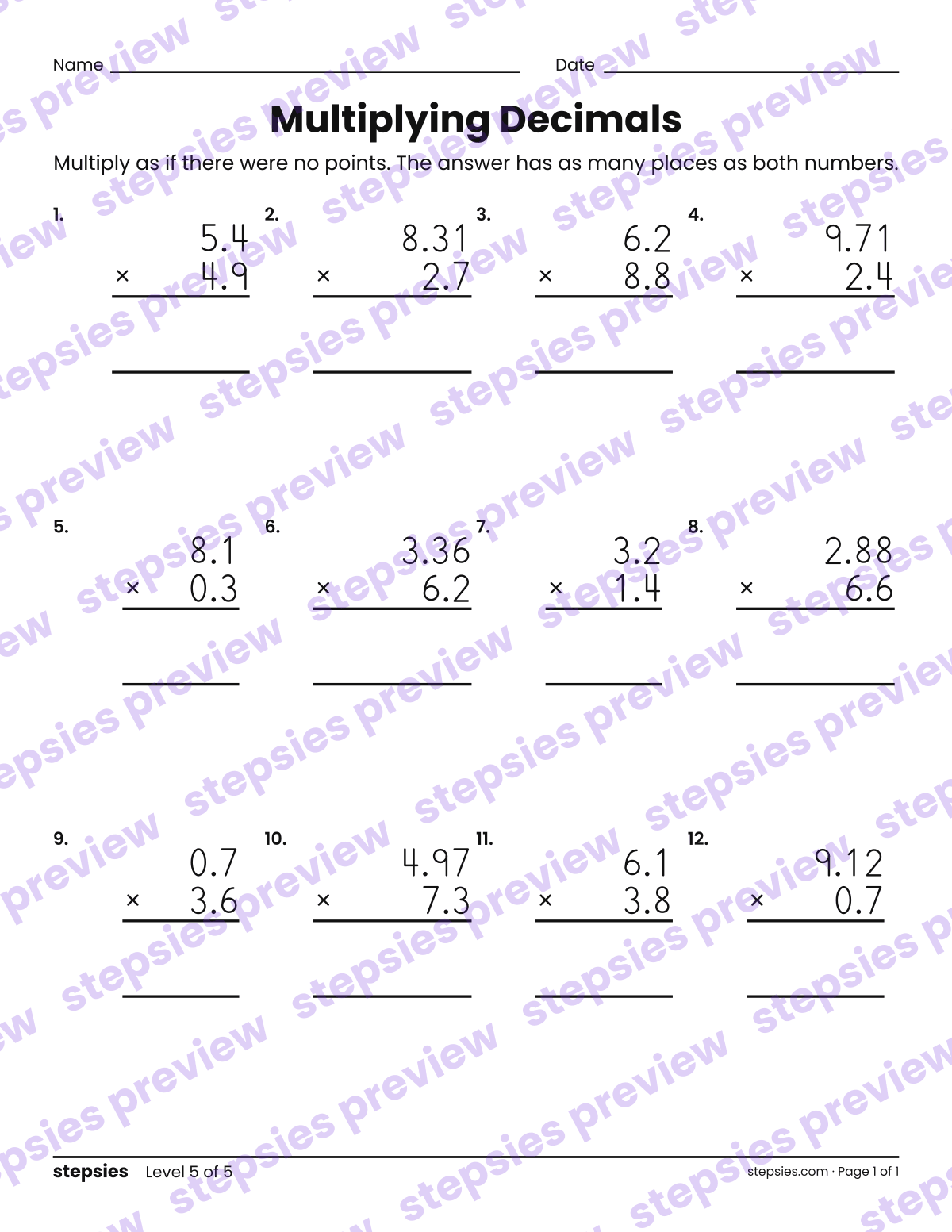 Multiplying Decimals: page 1 of a printable Grades 5 and 6 Math worksheet